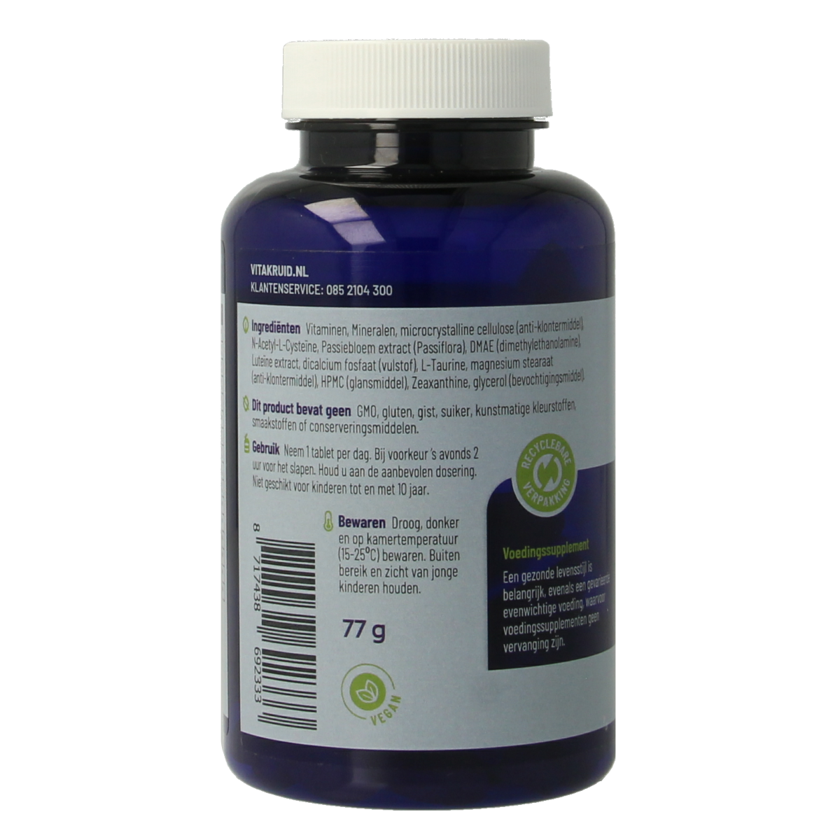 Vitaminkruid Multi Nacht Man 50+ vegan multivitamine tabletten in een open doos, geschikt voor mannen boven 50.