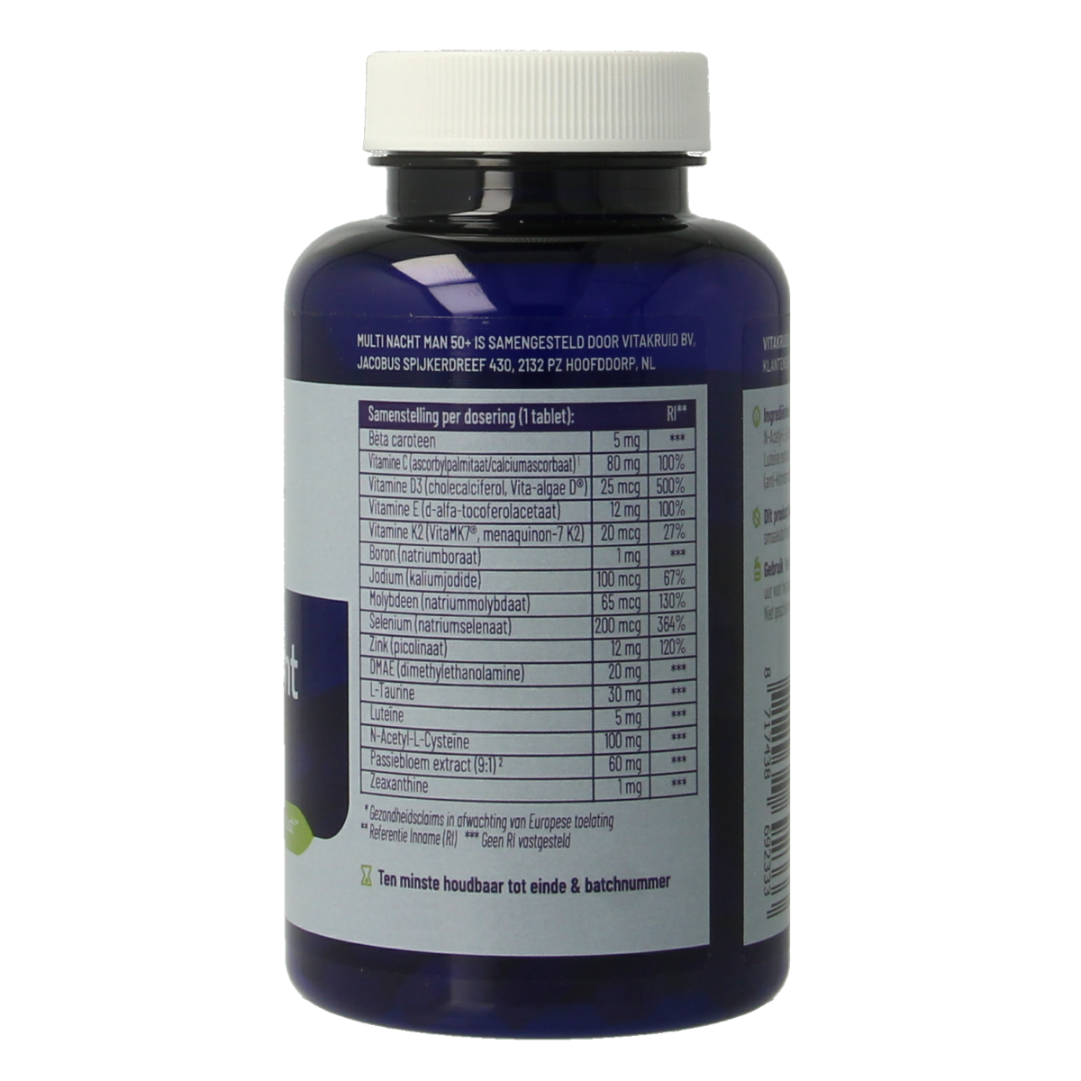 VitaKruid Multi Nacht Man 50+ vegan multivitamins in a bottle, featuring 90 tablets for daily supplement needs.
