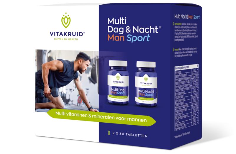 VitaKruid Multi Dag & Nacht Man Sport vegan dietary supplement bottles with 60 tablets, designed for daily and nighttime use.