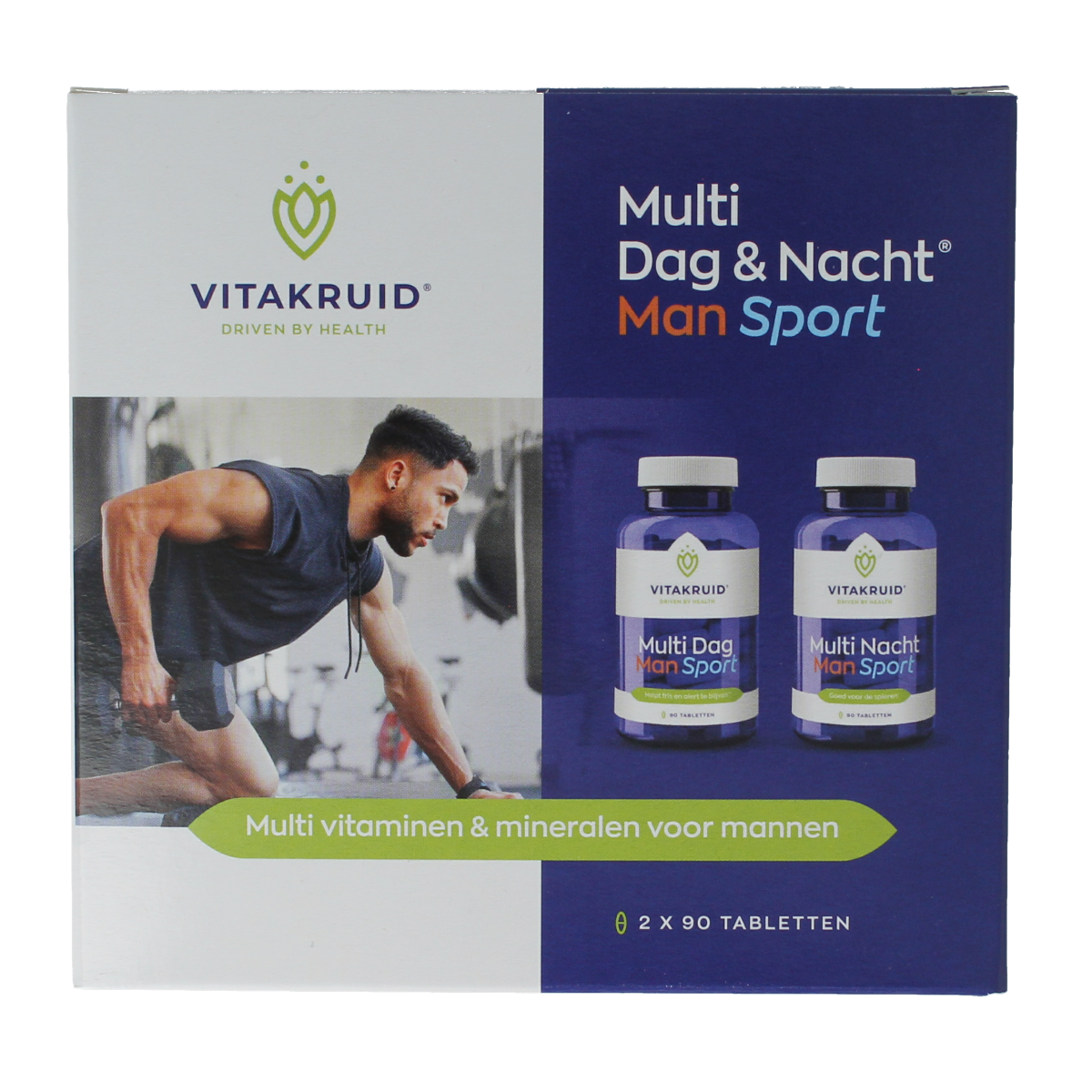 Vitakruid Multi Dag & Nacht Man sport vegan supplement bottles with 180 tablets, nutrient-rich daily and nighttime vitamins.