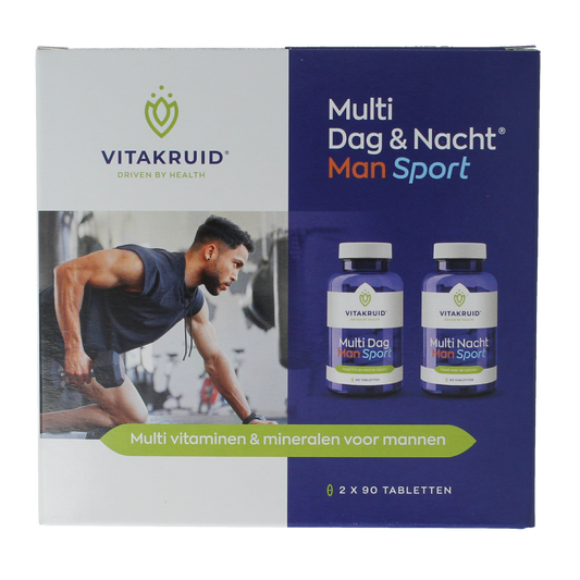 Vitakruid Multi Dag & Nacht Man sport vegan supplement bottles with 180 tablets, nutrient-rich daily and nighttime vitamins.