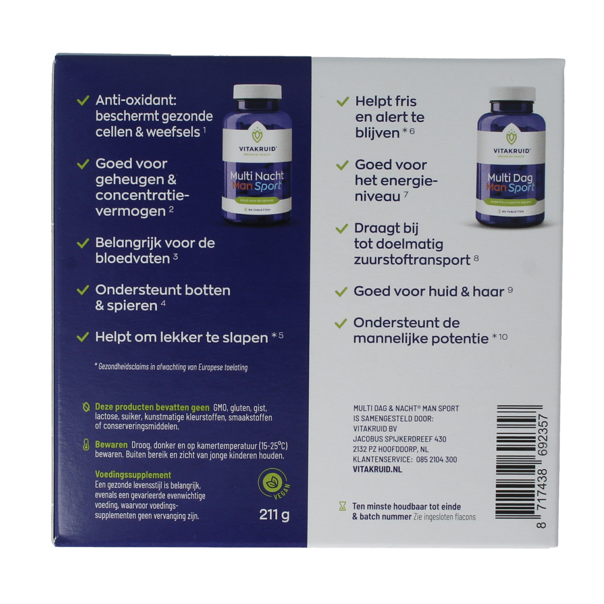 Vitakruid Multi Dag & Nacht Man Sport vegan dietary supplement bottles with 180 tablets in a clear view.