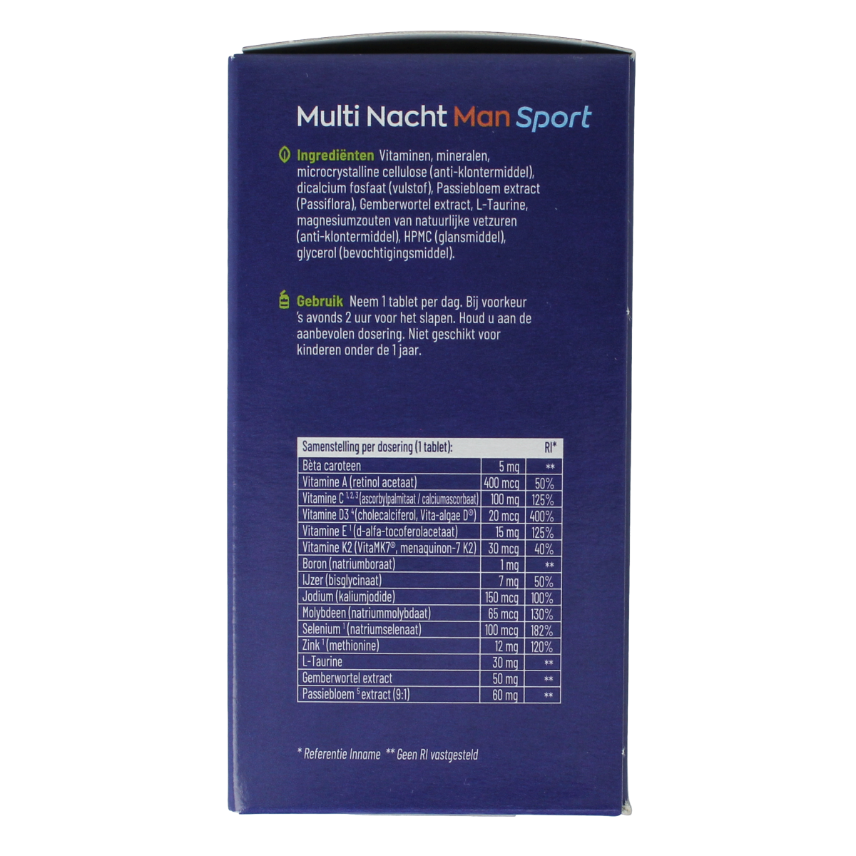 Vitakruid Multi Dag & Nacht Man Sport vegan dietary supplement bottles with 180 tablets, designed for daily nutrition.