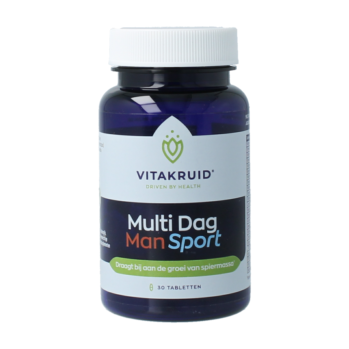 Vitakruid Multi Dag Man Sport supplement bottle with 30 tablets, dietary and herbal supplement for men's health.