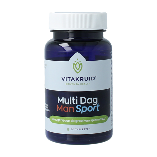 Vitakruid Multi Dag Man Sport supplement bottle with 30 tablets, dietary and herbal supplement for men's health.