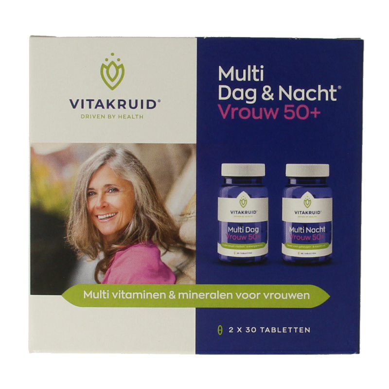 Vitakruid Multi dag & nacht vrouw 50+ vitamin supplement bottles with 30 tablets each, designed for daily health support.