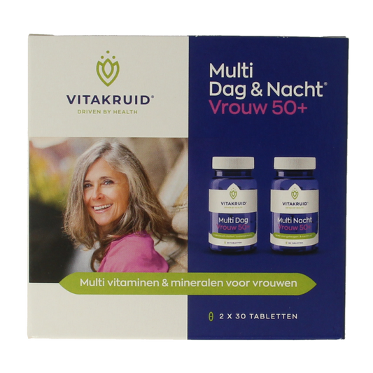 Vitakruid Multi dag & nacht vrouw 50+ vitamin supplement bottles with 30 tablets each, designed for daily health support.