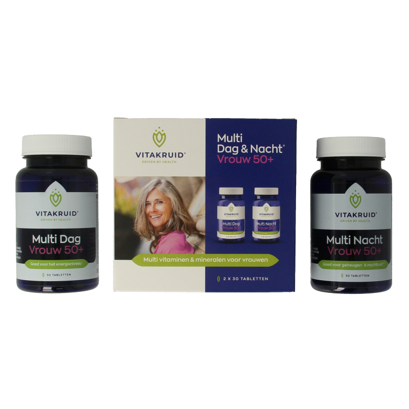 Vitakruid Multi dag & nacht vrouw 50+ vitamin supplement bottles with 30 tablets each, designed for women over 50.