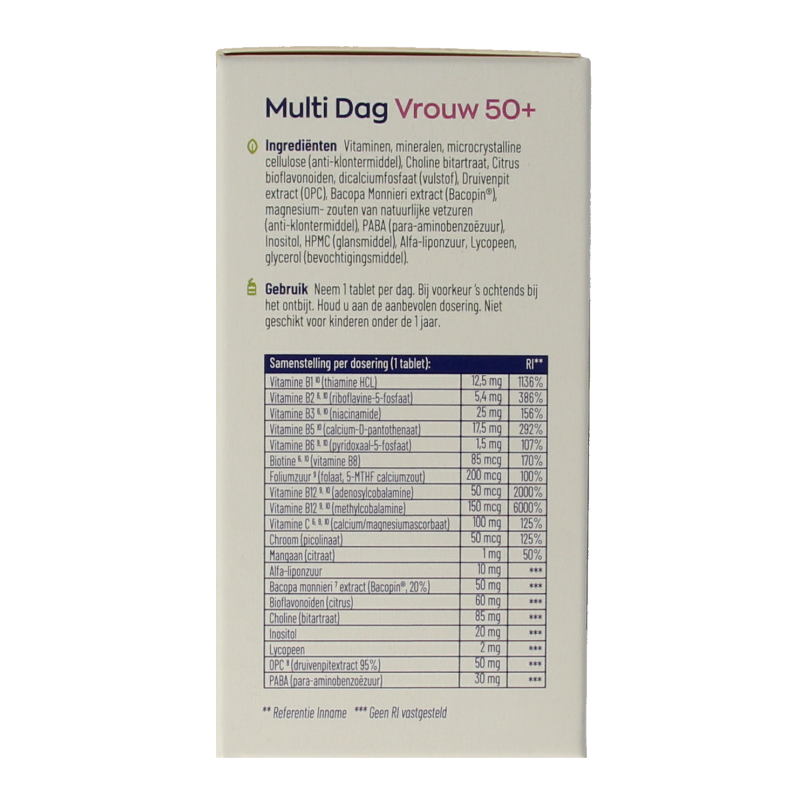 Vitakruid Multi dag & nacht vrouw 50+ vitamin supplement bottles, 60 tablets, featuring colorful packaging and tablet images.