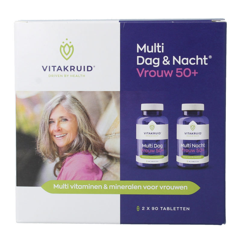 Vitakruid Multi Dag & Nacht Vrouw 50+ vitamin supplement bottles with 180 tablets for women over 50.
