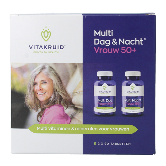 Vitakruid Multi Dag & Nacht Vrouw 50+ vitamin supplement bottles with 180 tablets for women over 50.