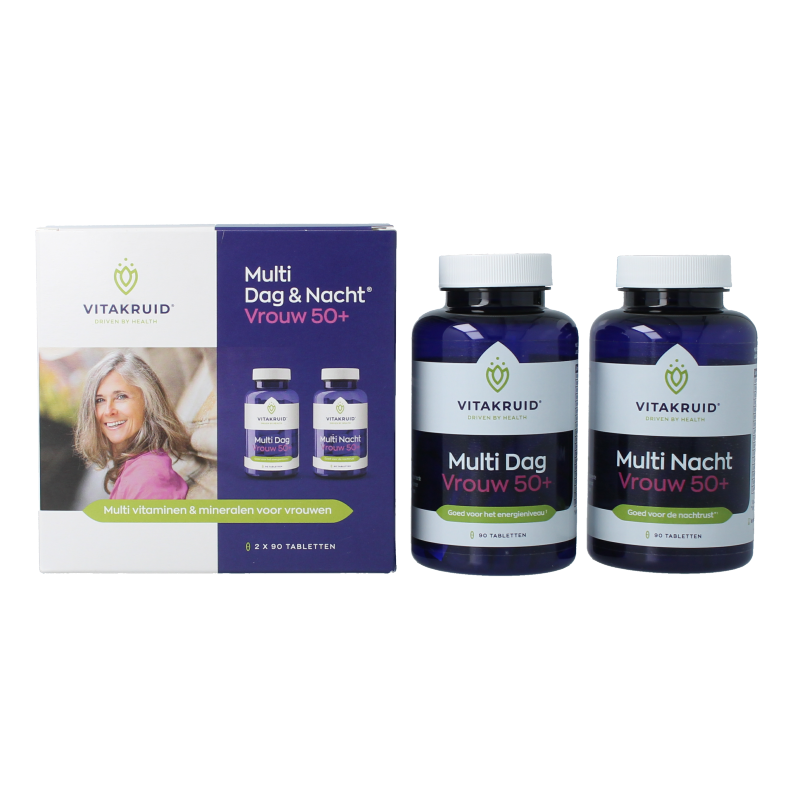 Vitakruid Multi Dag & Nacht Vrouw 50+ vitamin supplement bottles with 180 tablets for women over 50, daily multivitamins.