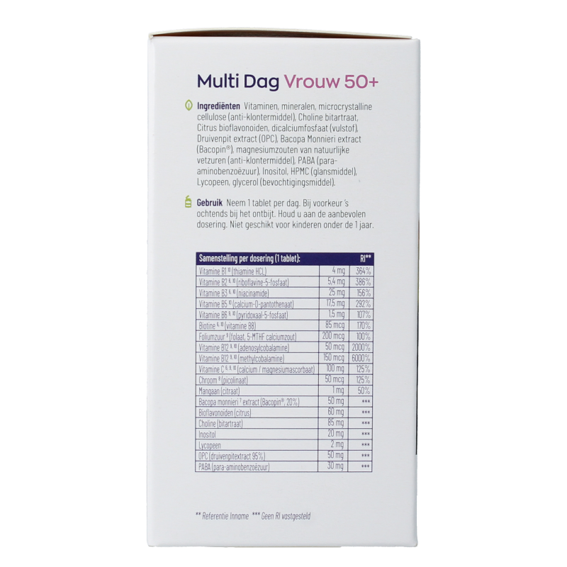 Vitakruid Multi Dag & Nacht Vrouw 50+ multivitamin tablets, 180 count, showing the supplement bottle and tablets inside.