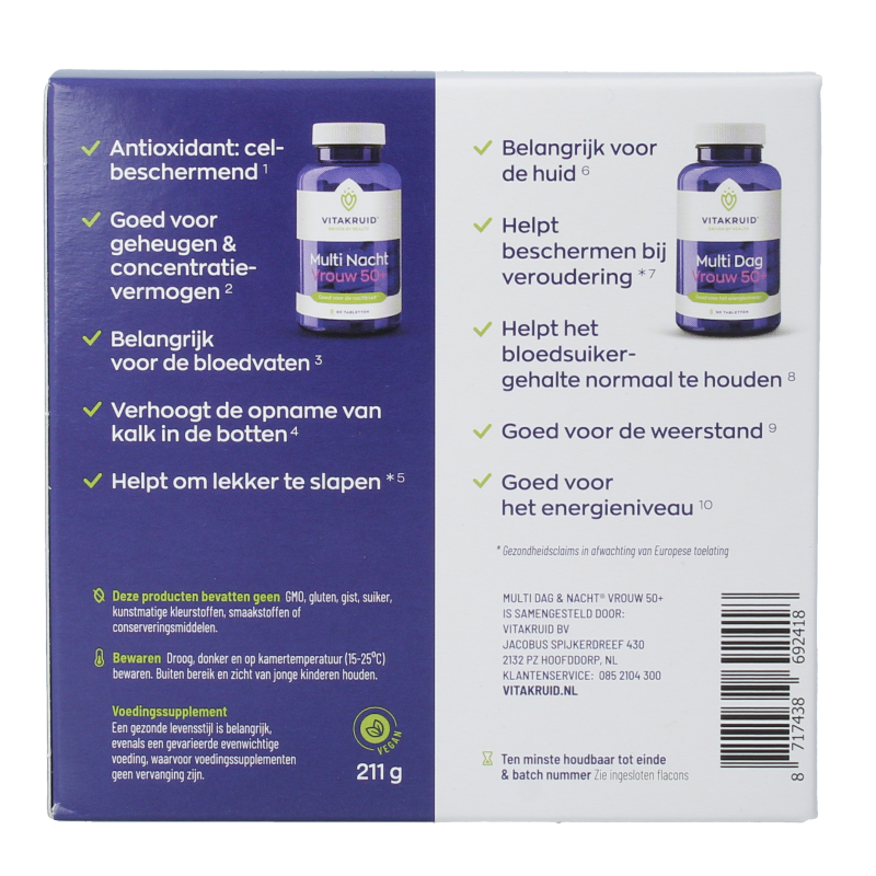 Vitakruid Multi Dag & Nacht Vrouw 50+ vitamin supplement bottles, featuring 180 tablets for daily and nightly nutritional support.