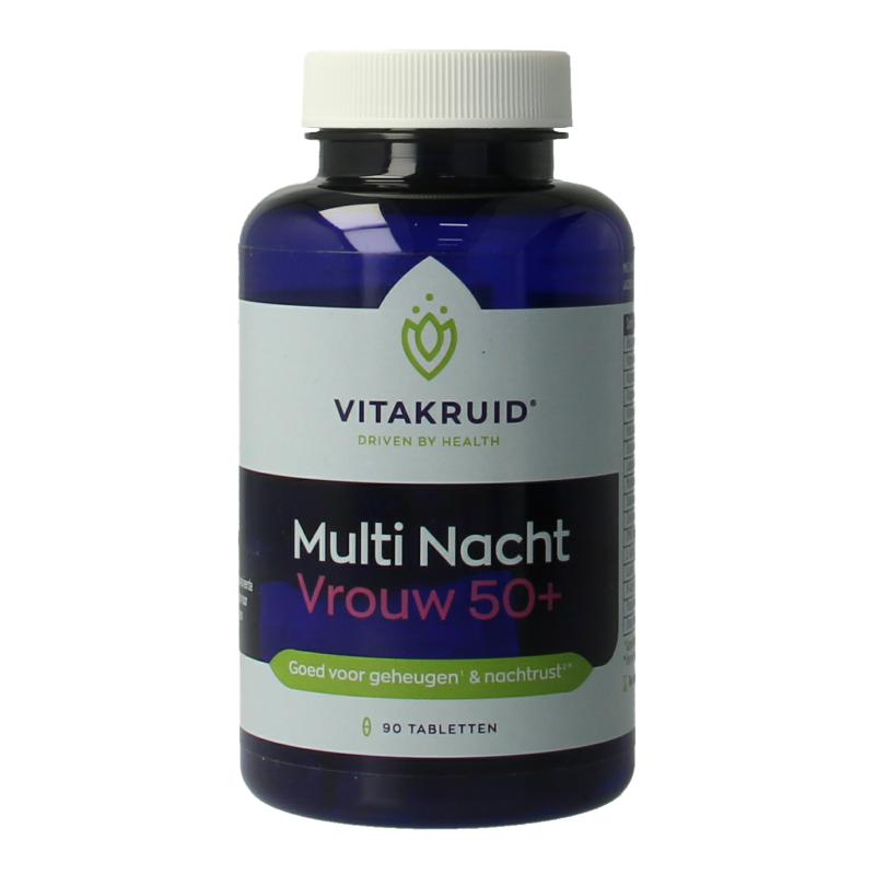 Bottle of Vitakruid Multi Nacht Vrouw 50+ vegan multivitamins with 90 tablets, featuring colorful label and tablet illustrations.