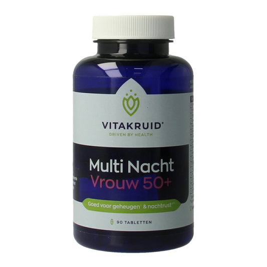 Bottle of Vitakruid Multi Nacht Vrouw 50+ vegan multivitamins with 90 tablets, featuring colorful label and tablet illustrations.