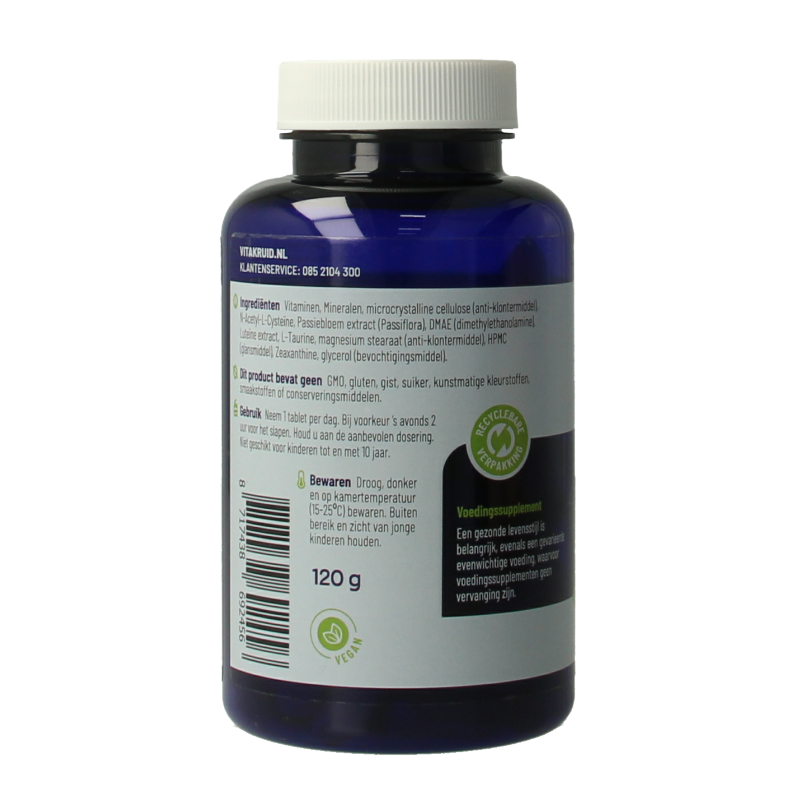 Bottle of Vitakruid Multi Nacht Vrouw 50+ vegan multivitamins with 90 tablets, featuring colorful packaging and product label.