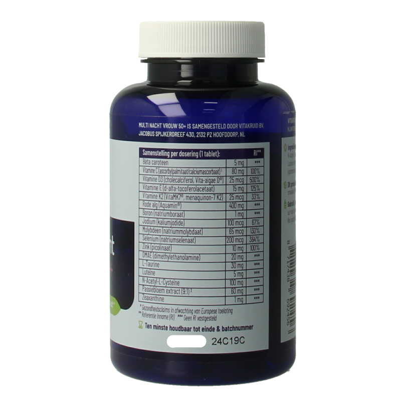 Vitakruid Multi Nacht Vrouw 50+ vegan multivitamin tablets, showing a bottle of 90 tablets for women over 50.