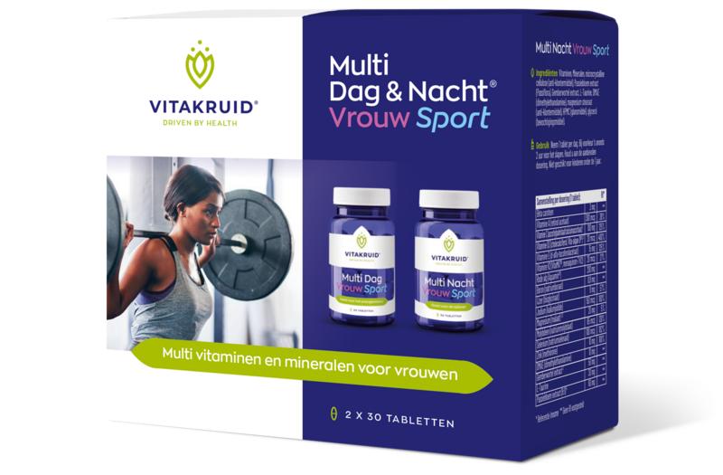 Vitakruid Multi Dag & Nacht Vrouw sport vegan supplement bottles with 60 tablets, designed for daily wellness and women's health.