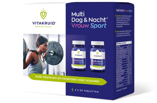 Vitakruid Multi Dag & Nacht Vrouw sport vegan supplement bottles with 60 tablets, designed for daily wellness and women's health.