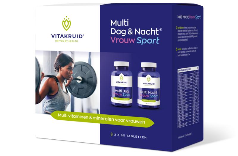 Vitakruid Multi Dag en Nacht Vrouw sport vegan voedingssupplementen in twee blikken met 90 tabletten each.