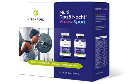 Vitakruid Multi Dag en Nacht Vrouw sport vegan voedingssupplementen in twee blikken met 90 tabletten each.