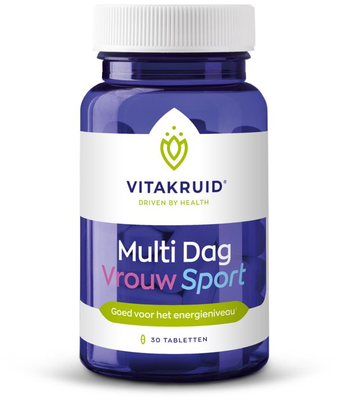 VitaKruid Multi Dag Vrouw Sport vegan dietary supplement tablets in a bottle with 30 tablets, designed for women's daily nutrition.