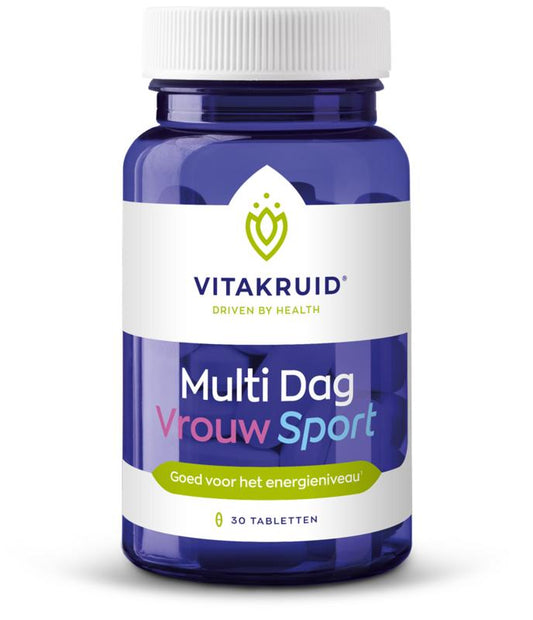 VitaKruid Multi Dag Vrouw Sport vegan dietary supplement tablets in a bottle with 30 tablets, designed for women's daily nutrition.