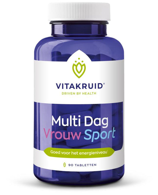 Bottle of Vitakruid Multi Dag Vrouw Sport vegan dietary supplement tablets with 90 capsules on a white background