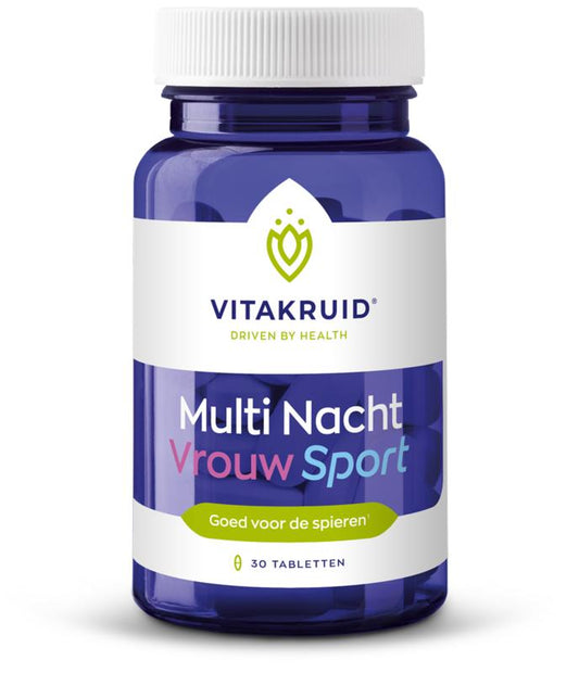 Vitakruid Multi Nacht Vrouw vegan dietary supplement with 30 tablets, herbal vitamins for women’s nighttime support.