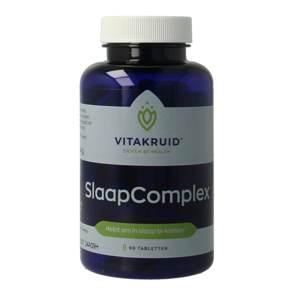 Vitakruid SlaapComplex tablets with valerian and magnesium bisglycinate, natural sleep aid supplement in a bottle.