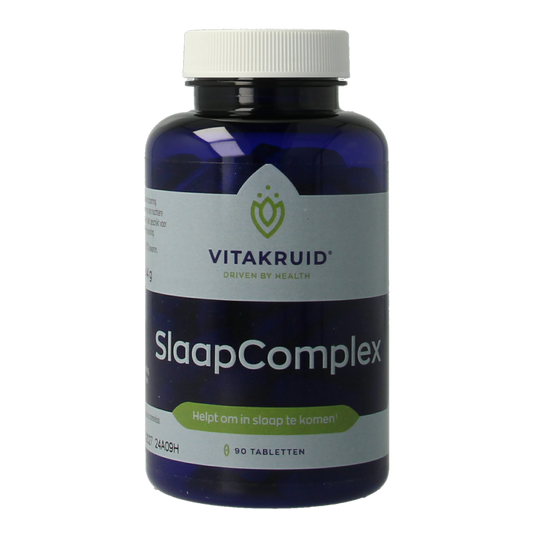 Vitakruid SlaapComplex tablets with valerian and magnesium bisglycinate, natural sleep aid supplement in a bottle.