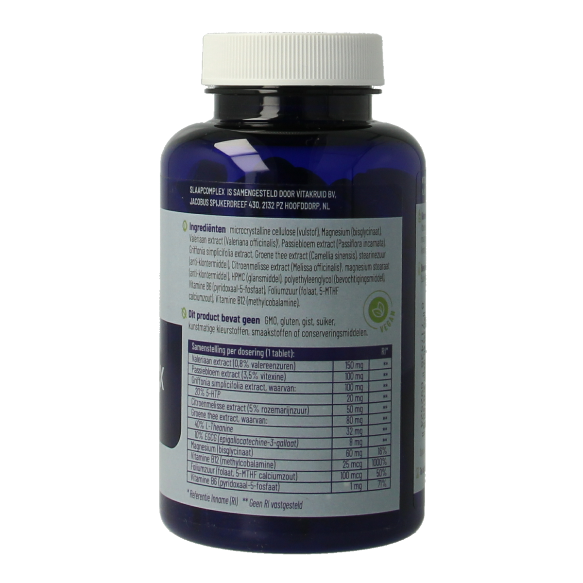 Bottle of Vitakruid SlaapComplex tablets with valerian and magnesium bisglycinate, supplement for sleep support and relaxation.
