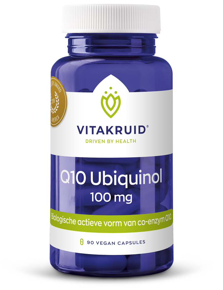 Vegetarian capsules of Vitakruid Co-enzym Q10 Ubiquinol 100 mg in a bottle, showing the supplement capsules and label.