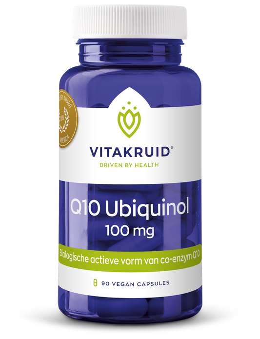 Vegetarian capsules of Vitakruid Co-enzym Q10 Ubiquinol 100 mg in a bottle, showing the supplement capsules and label.