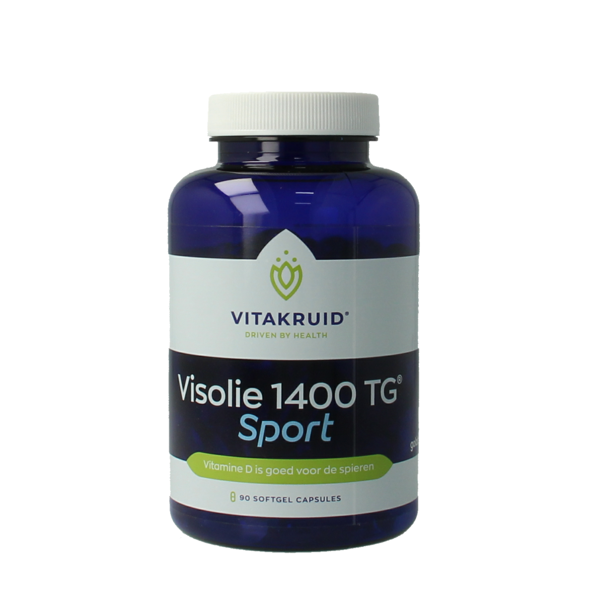 Vitakruid Visolie 1400 TG Sport softgels, omega-3 vetzuren supplement in a bottle with 90 softgel capsules.