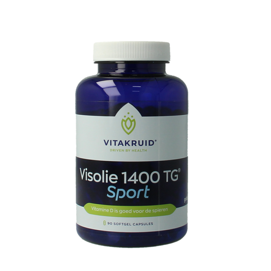 Vitakruid Visolie 1400 TG Sport softgels, omega-3 vetzuren supplement in a bottle with 90 softgel capsules.