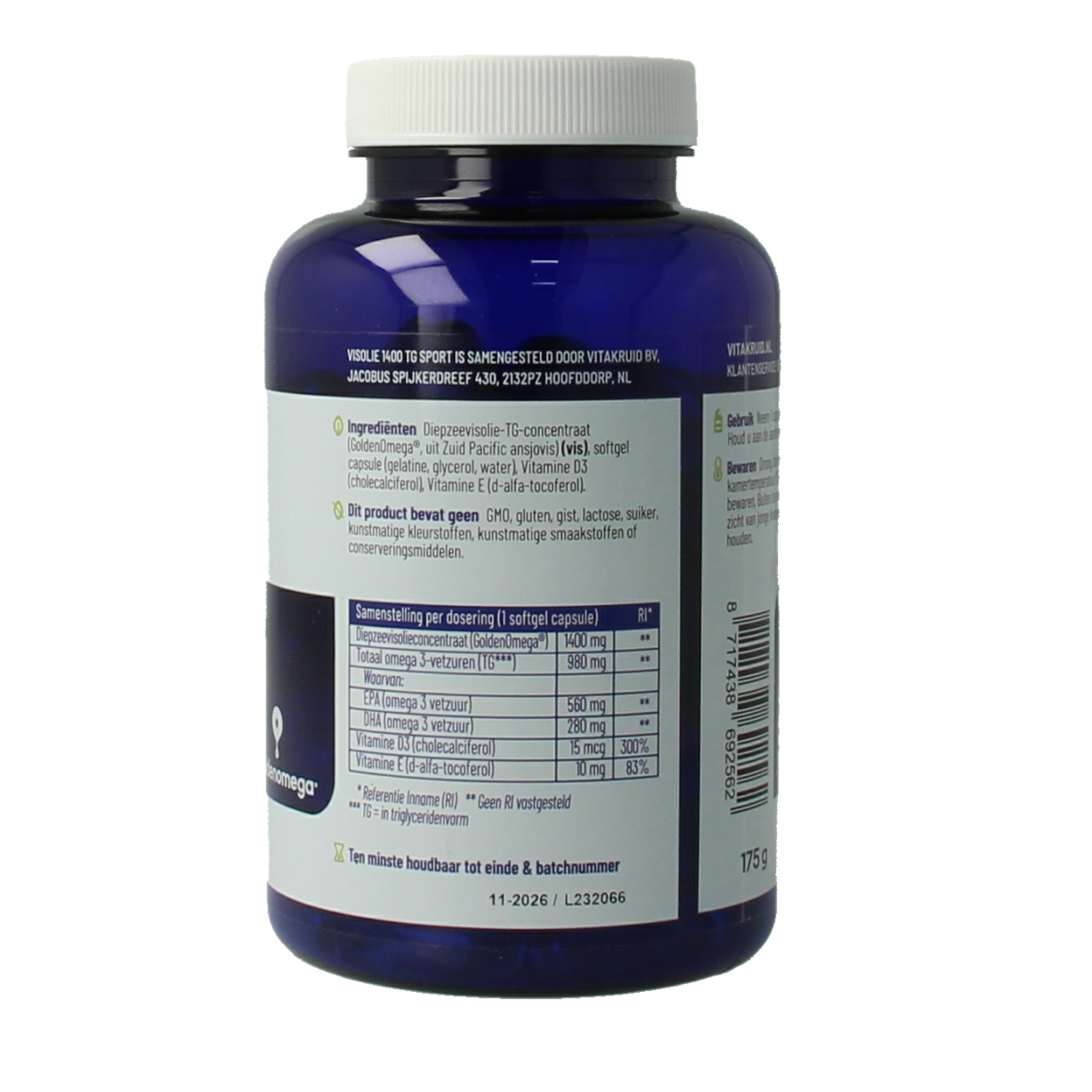 Softgel capsules of Vitakruid Visolie 1400 TG Sport Omega-3 fatty acids, displayed in a row.