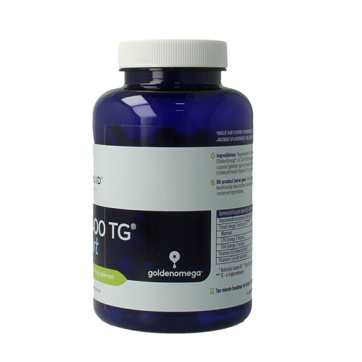 Bottle of Vitakruid Visolie 1400 TG Sport softgel capsules containing omega fatty acids, shown in a close-up view.