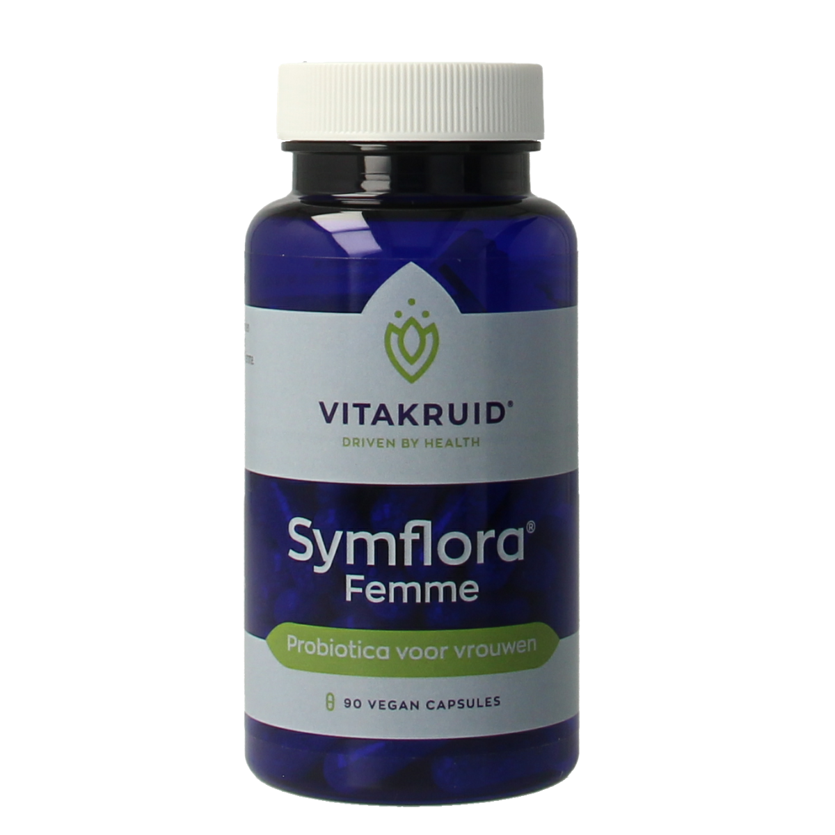 Vitakruid Symflora Femme probiotic capsules for women, vegetarian micro-organisms supplement in a blister pack.