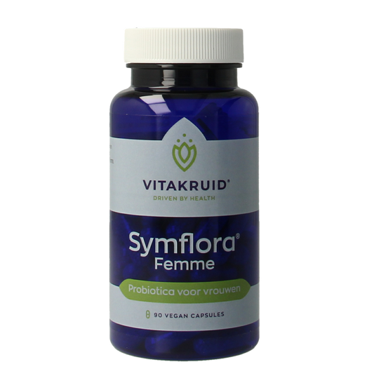 Vitakruid Symflora Femme probiotic capsules for women, vegetarian micro-organisms supplement in a blister pack.