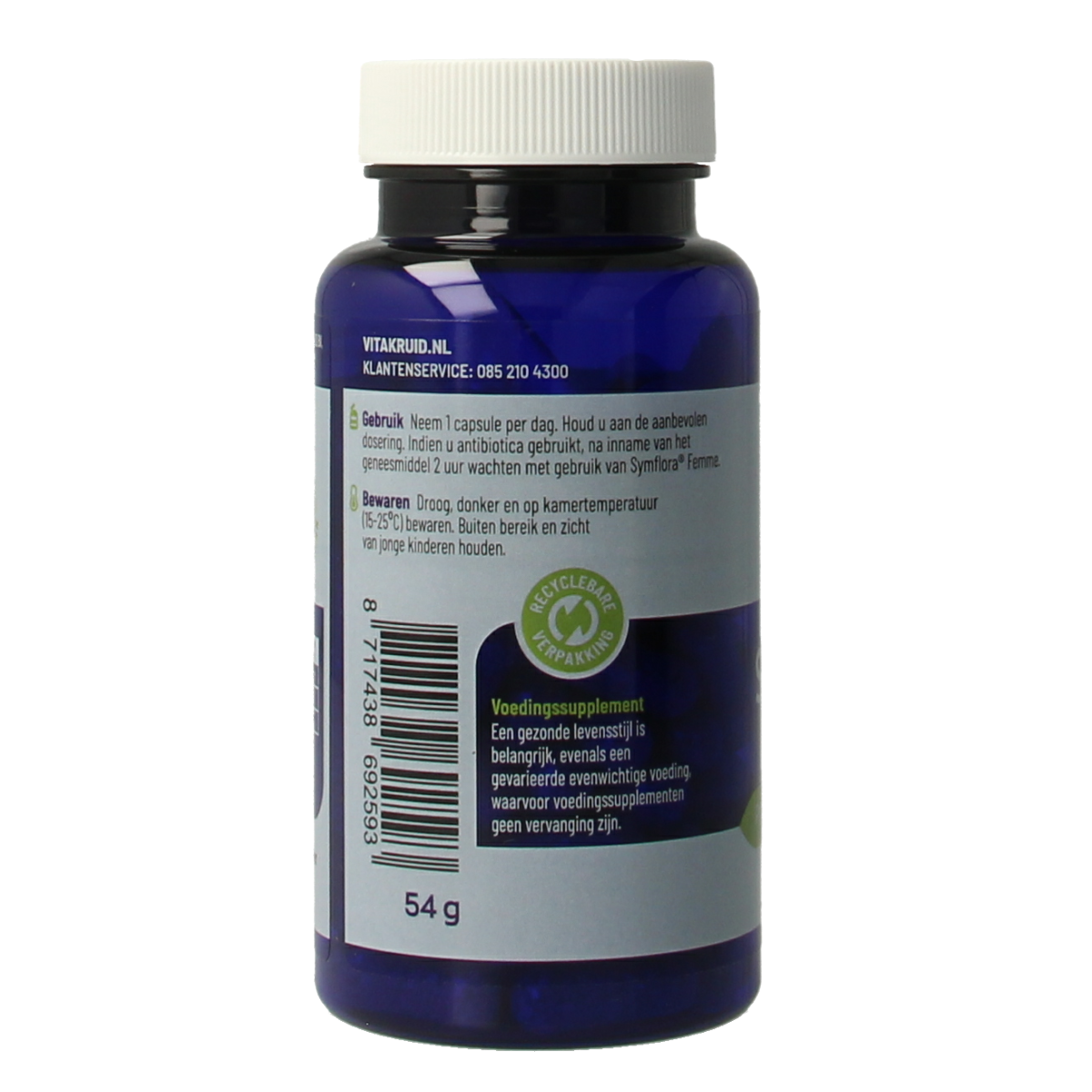 Vitakruid Symflora Femme probiotic capsules for women with micro-organisms, vegetarian, 90 capsules in a bottle.