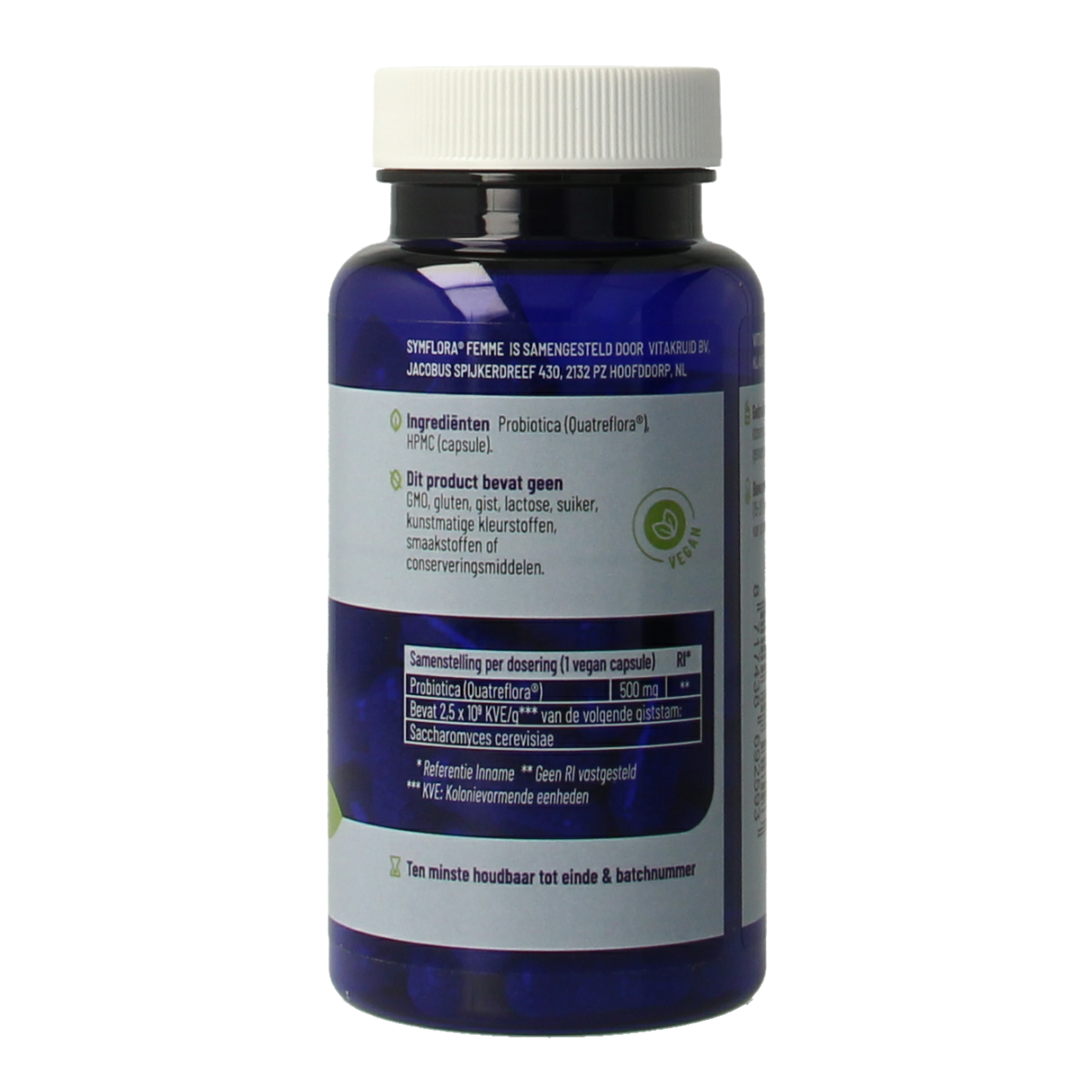Vitakruid Symflora Femme probiotic capsules for women, vegetarian micro-organisms supplement in a bottle.
