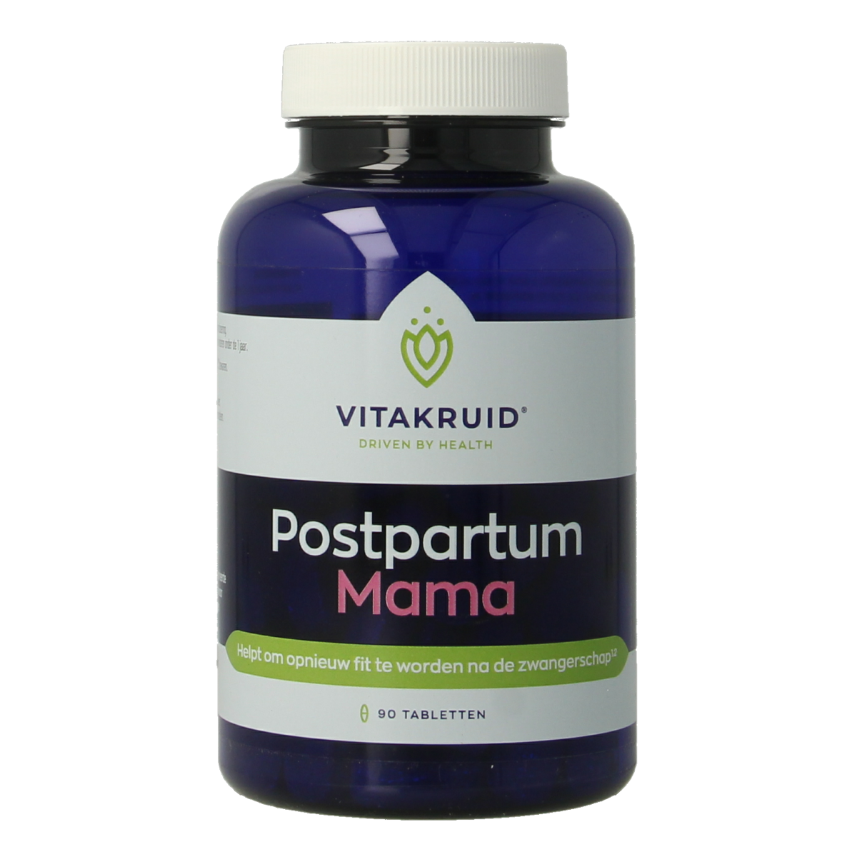 Bottle of Vitakruid Postpartum Mama multivitamin tablets with Fenegriek, Shatavari, and Choline, designed for new mothers.