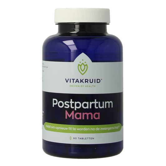 Bottle of Vitakruid Postpartum Mama multivitamin tablets with Fenegriek, Shatavari, and Choline, designed for new mothers.