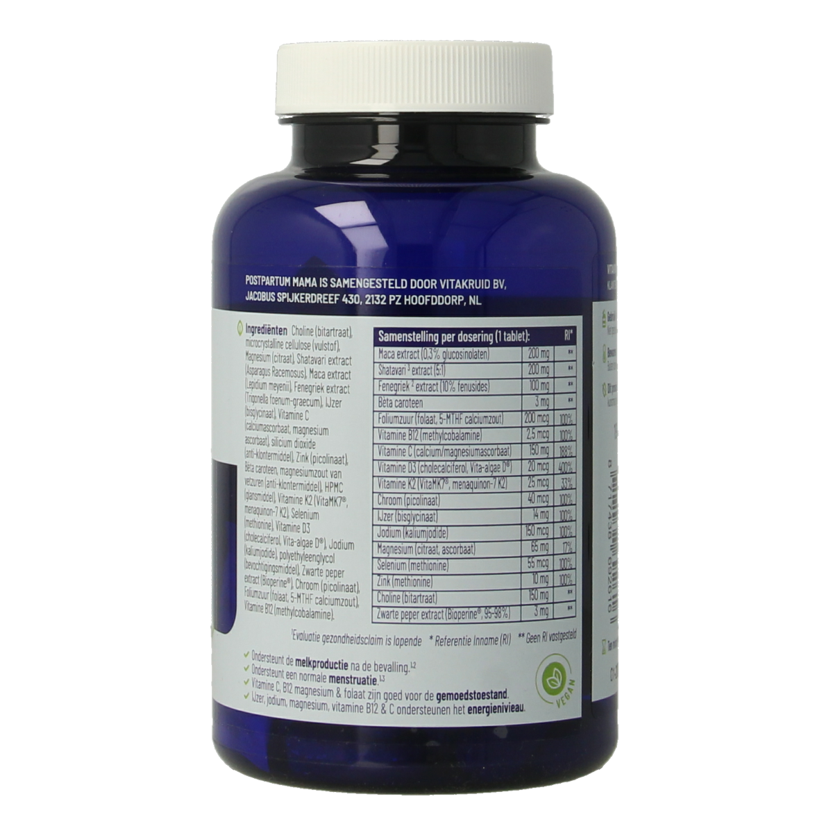 Vitakruid Postpartum Mama multivitamin tablets with Fenegriek, Shatavari, and Choline, showing the supplement bottle and tablets.