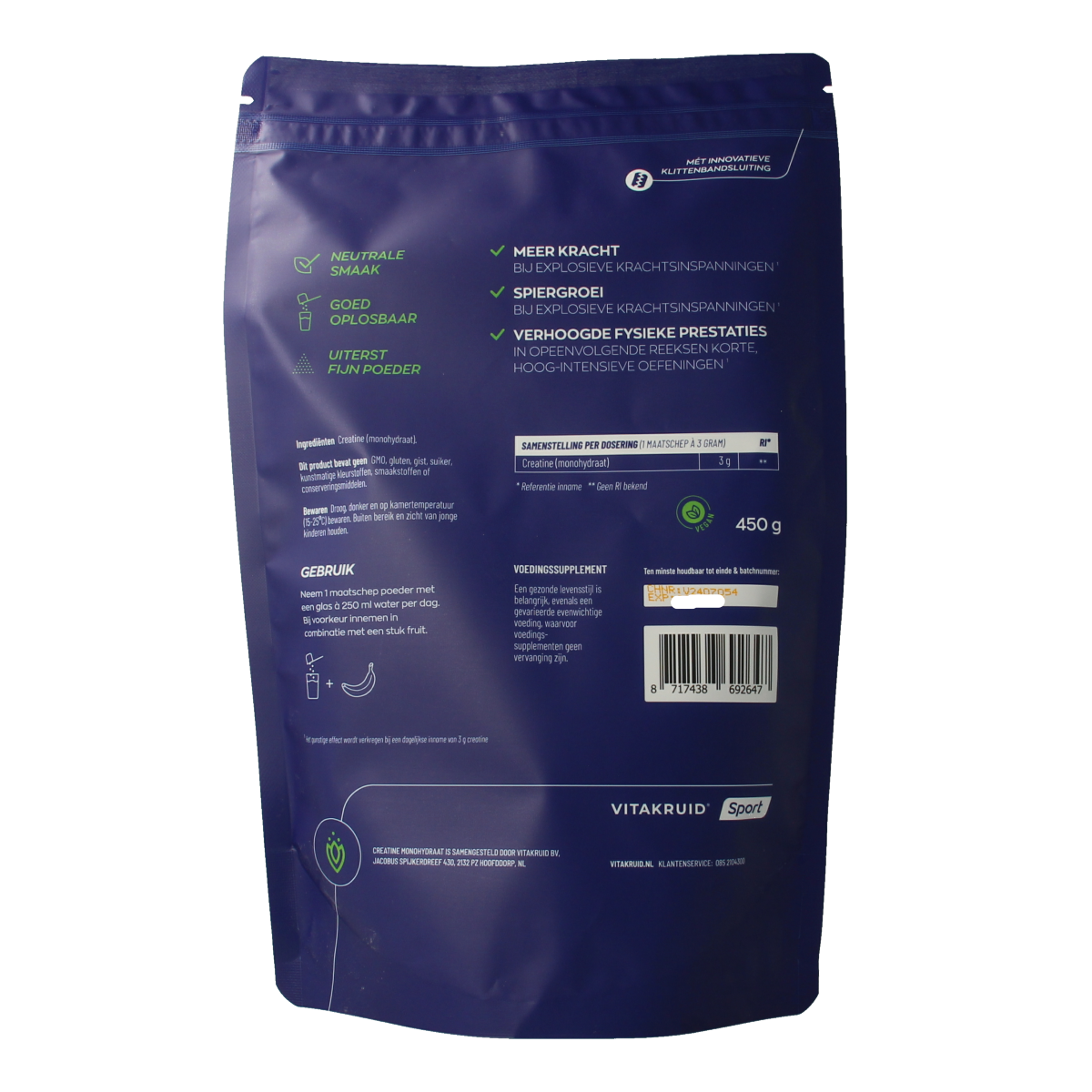 Vitakruid creatine monohydrate powder in a 450g bag, micronized to 200 mesh, used as an amino acid supplement for fitness.