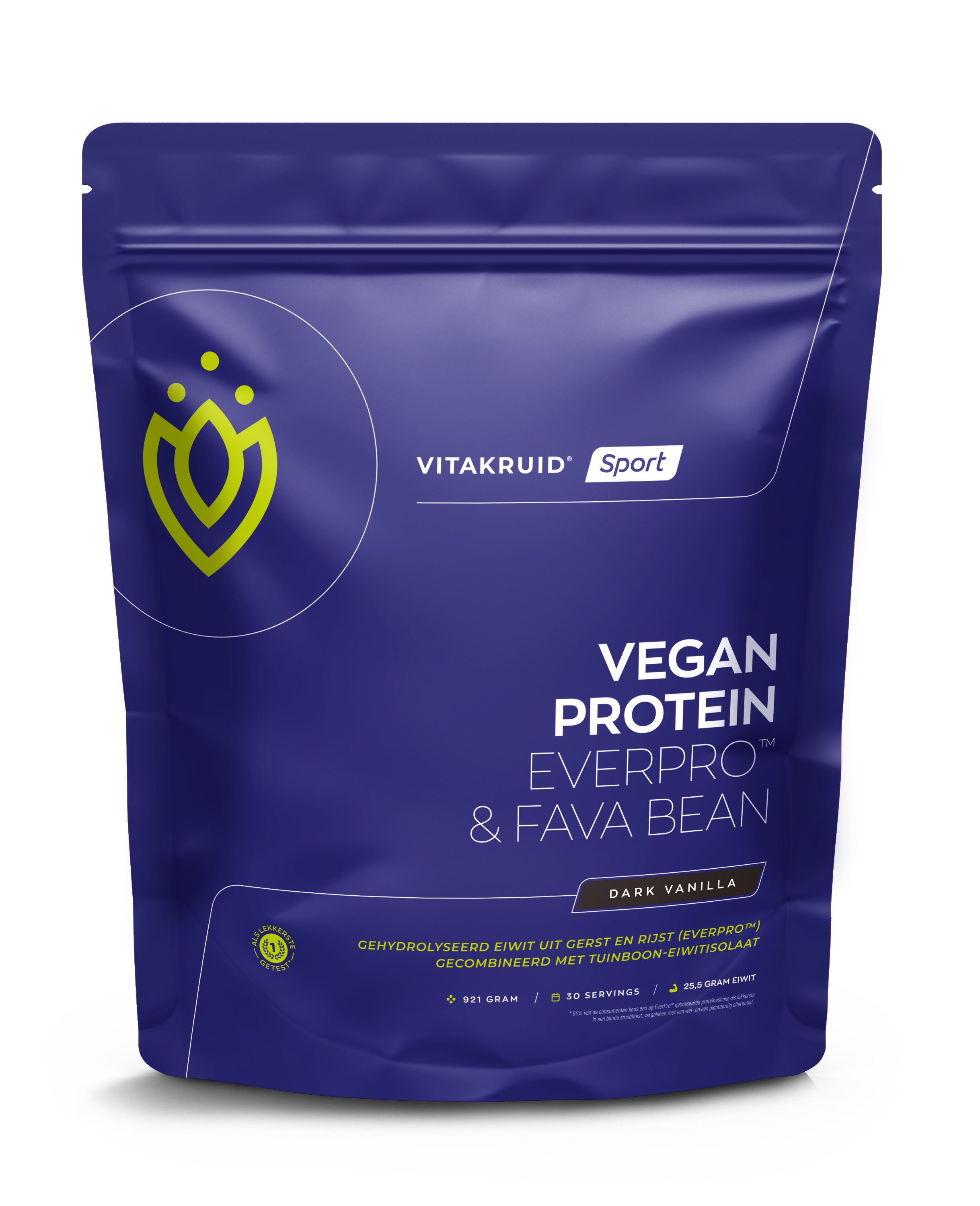 VitaKruid Vegan Protein Soft Vanilla powder in a 921g container, sports nutrition supplement with vanilla flavor.