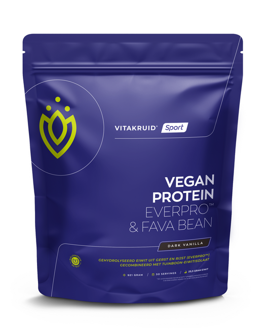 VitaKruid Vegan Protein Soft Vanilla powder in a 921g container, sports nutrition supplement with vanilla flavor.