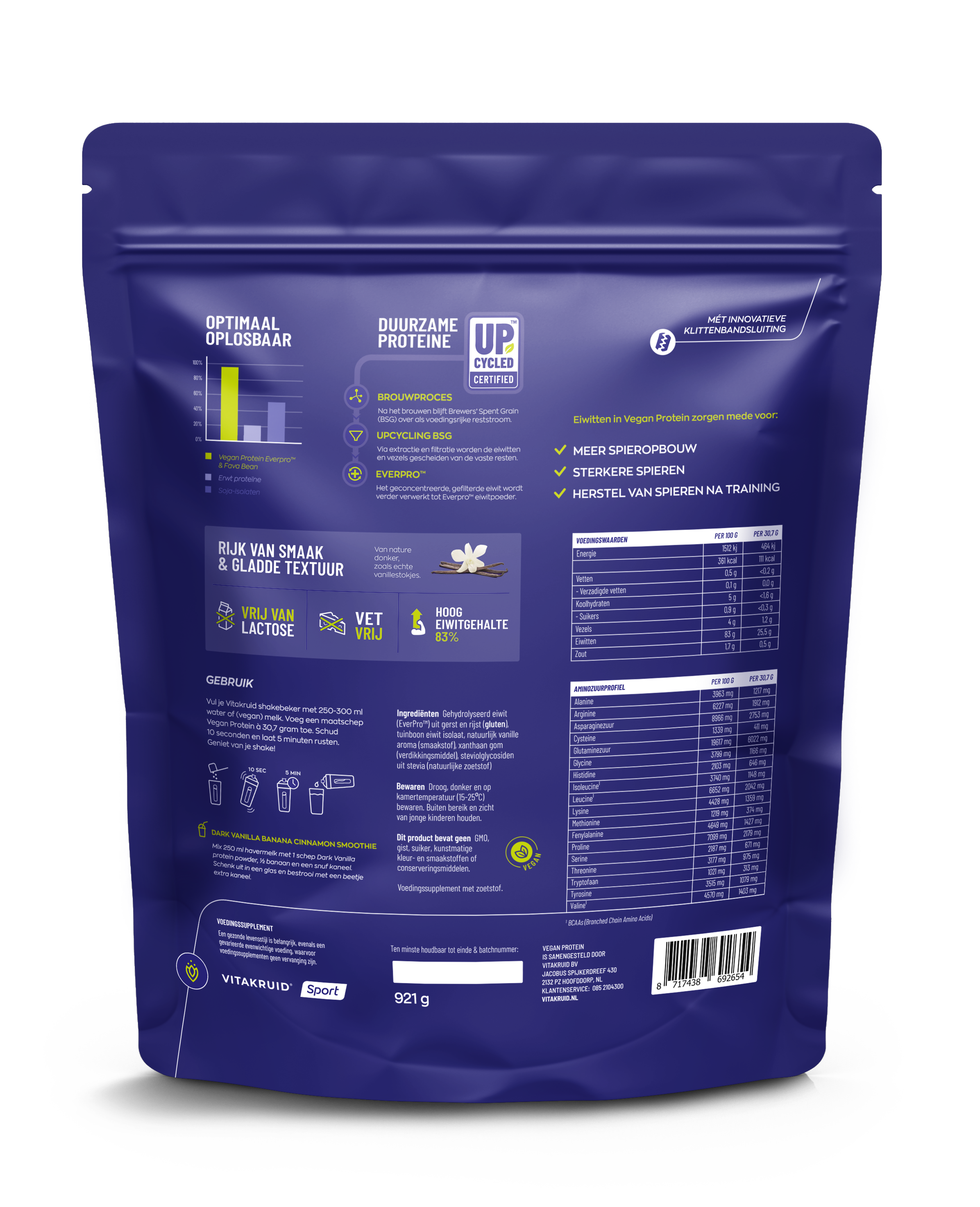 VitaKruid Vegan Protein Soft Vanilla powder in a 921g container, sport nutrition supplement with vanilla flavor.